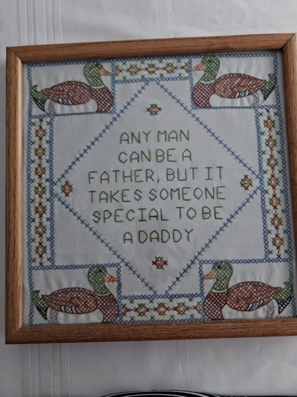 Vintage 1989 Framed Cross-Stitch with Ducks and Quote
